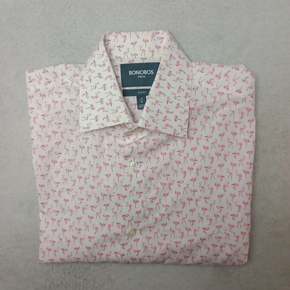 Bonobos Shirt Men 15 34 Pink Flamingo Button-Up Slim Stretch Cotton Spandex Work
